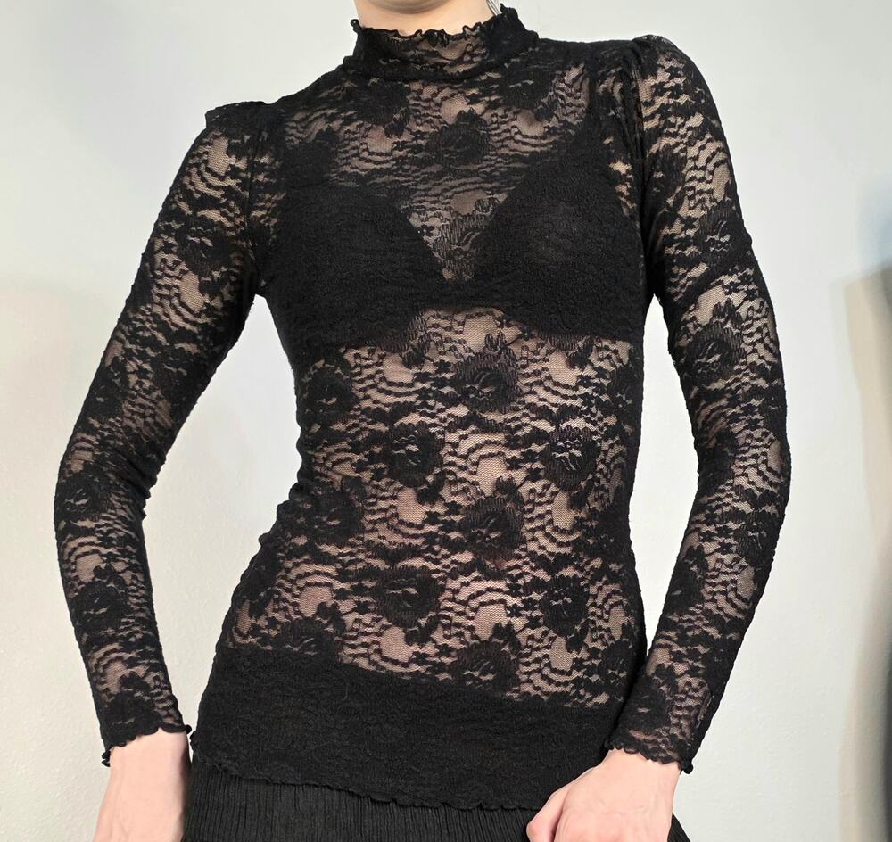 Intimately Free People Black Lace Mock Neck Sheer Goth Top Size Small Fitted